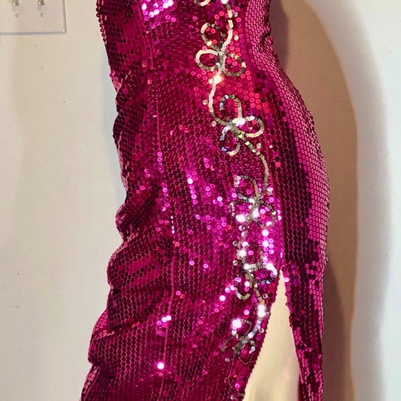 Vtg 80s Sequined Fuchsia Pink w/Silver Strapless Wiggle Evening Pageant Gown~2 - Picture 7 of 13
